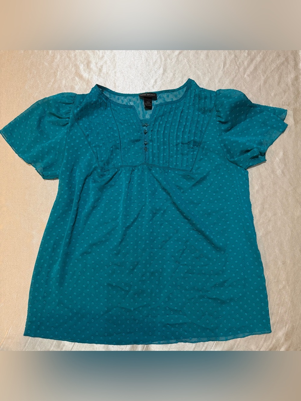 Lane Bryant Teal Swiss Dot Flutter Sleeve Blouse sheer size 14/16